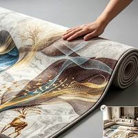 Luxuriöser Marmor-Rechteck-Teppich Blau-Gold Fließende Linien Elch-Vogel-Motiv Bedruckter Teppich mit Latex-Rückseite für Wohnzimmer Moderne Dekoration