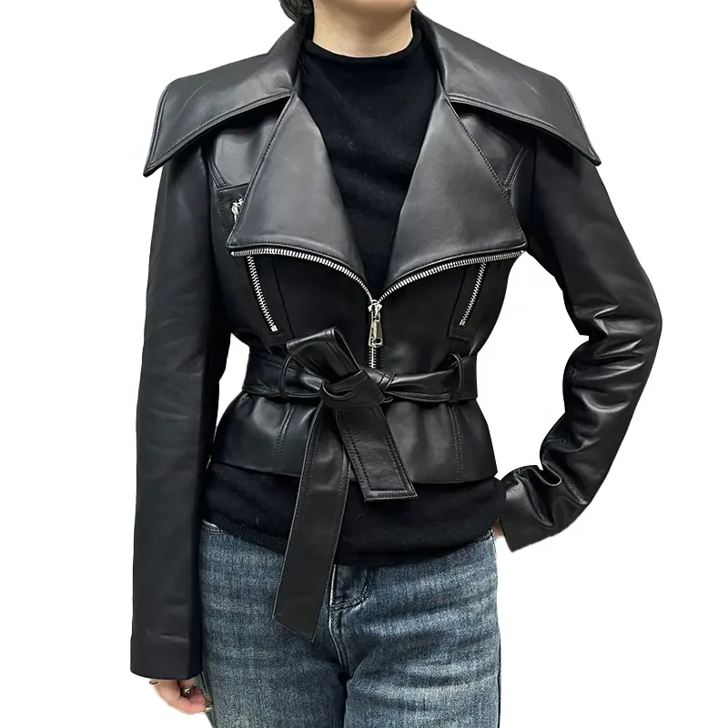 Nueva chaqueta de cuero genuino con cuello grande para mujer, chaqueta de cuero suave