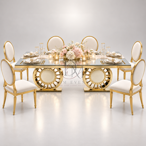 Table de banquet moderne en acier inoxydable doré avec plateau en verre miroir et double base ronde sur piédestal – Mobilier événementiel en gros - Product Image 3