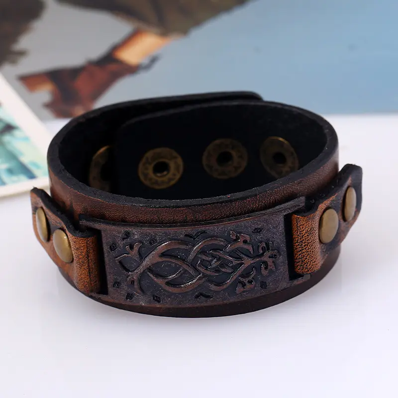 Fashion Men Leather Cuff Bracelet Wholesale Imitation Copper Metal Charm Jewelry