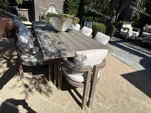 2024 moderno Patio in legno massello Teak <span class=keywords><strong>giardino</strong></span> Set di lusso divano all'aperto Set tavolo <span class=keywords><strong>da</strong></span> pranzo <span class=keywords><strong>con</strong></span> <span class=keywords><strong>sedie</strong></span> - Product Image 4