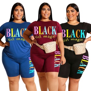 Conjunto de dos piezas de talla grande para <span class=keywords><strong>mujer</strong></span>, chándales con estampado de letras, traje de <span class=keywords><strong>chándal</strong></span> a juego, camisa mágica para chica negra, pantalones cortos de motorista - Product Image 2