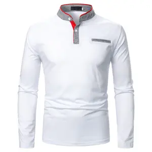 100% cotton fabric contrast color full sleeve t-shirts for men stand collar t shirt men long sleeve polo shirt