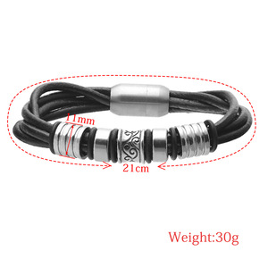 Men's <b>Black</b> Leather <b>Wrap</b> Bracelet With Stainless Steel Beads And Magnetic Clasp For Gift Jewelry - Product Image 5