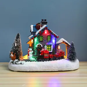 Voorraad Europese Stijl Sneeuw Huis Hars Kerst Dorpen Met Sneeuwman En Trein Voor Vakantie Cadeau
