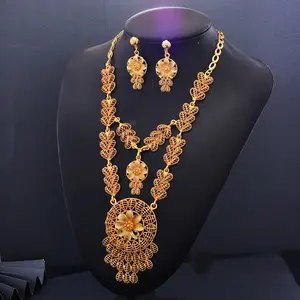 Jewelry Set For Women With Earrings Gold Color Pendant Trendy Hollow Out Spring Round Chunky Gold Color Zinc Alloy Flower 50+5CM