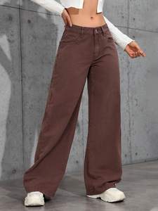 Jeans en denim <span class=keywords><strong>kaki</strong></span> respirant à <span class=keywords><strong>taille</strong></span> <span class=keywords><strong>haute</strong></span>, coupe ample et droite, pour femmes, décontracté, vintage, simple, été, service OEM - Product Image 1