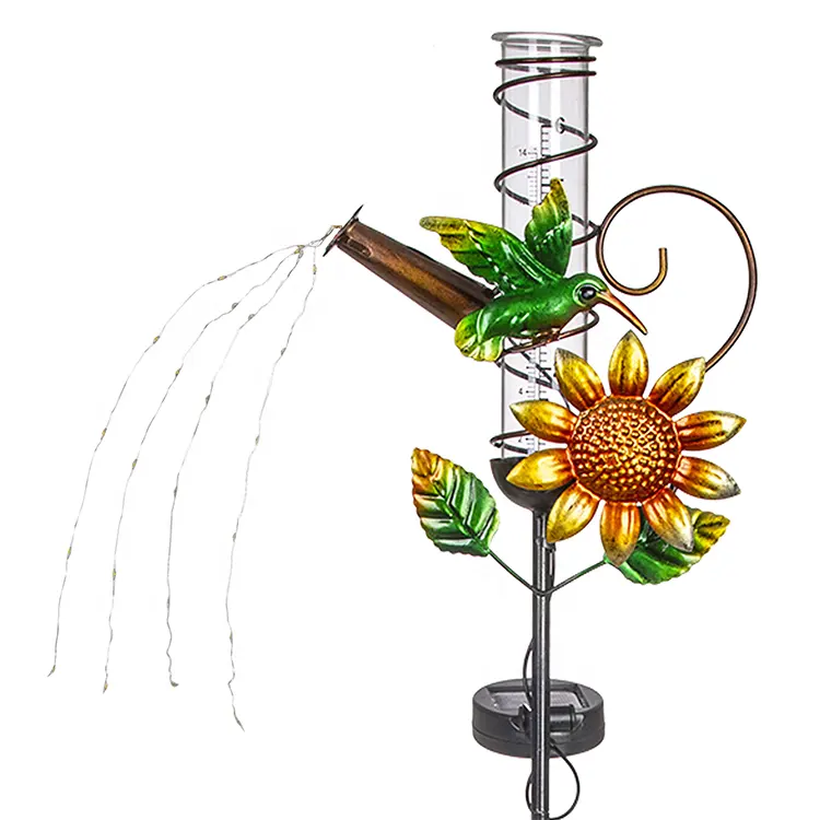 China Supplier Metal Garden Decor 33 ''Girassol E Beija-flor Rain Gauge Solar Lights Outdoor Garden Decorative