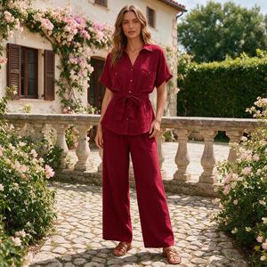 Conjunto <span class=keywords><strong>Casual</strong></span> de 2 Piezas para Mujer, Primavera-Verano, <span class=keywords><strong>Camisa</strong></span> de Manga Corta con Botones y Cintura Ajustable, Pantalones Anchos de Cintura Alta - Product Image 6