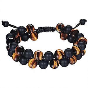 Bracelet en perles œil de tigre et onyx noir, réglable, unisexe, style bohème, bijou cadeau, Hemasa Fashions, certifié par une tierce partie - Product Image 2
