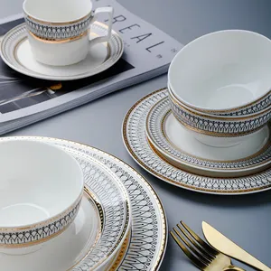 Service de table en porcelaine, avec assiettes en céramique dorées, bol, tasse et soucoupe, vaisselle noire, pas cher, fête de mariage
