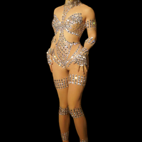 Luxe voir à travers strass body pour femmes maille barboteuses danseuse justaucorps dame à manches longues discothèque fête moulante combinaisons