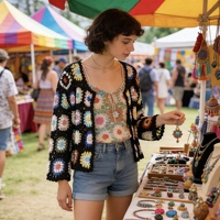 Nouveauté : Cardigan en crochet fait main, pull en tricot, veste squelette, haut ethnique à manches longues