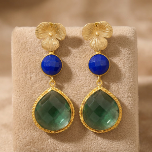 Pendientes de latón hechos a mano con piedras preciosas, pendientes étnicos chapados en oro para fiestas, unisex, estilo bohemio para mujer. - Product Image 2