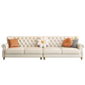 Juego de Sofás de Cuero Genuino de Estilo Americano, de Lujo Ligero, Diseño Recto, Tres Plazas, Color Crema, para Apartamentos Pequeños, Esponja Blanca - Product Image 5