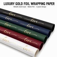 Papier d'emballage de luxe en feuille d'or avec film mat à inscription dorée métallique, design personnalisé pour bouquet de fleurs, idéal pour les fleuristes