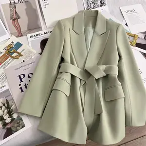 2023 Women's Spring and Autumn Suit Coat Cardigans Jacket Office Lady Long Sleeve Belt Lapel V-neck Casual Loose Suit Coat