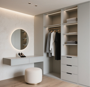 Armoire intégrée minimaliste Balom sur mesure avec coiffeuse et grand placard gris avec bande LED pour l'ameublement de la maison - Product Image 2