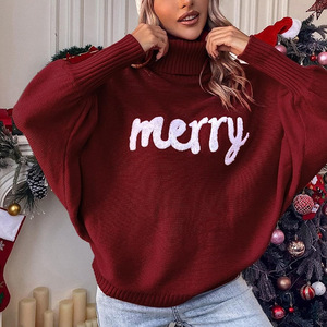Maglione Natalizio Europeo a Collo Alto da Donna, Autunno Inverno, Maniche a Pipistrello, <span class=keywords><strong>Maglia</strong></span> Larga <span class=keywords><strong>con</strong></span> Ricamo a Asciugamano - Product Image 2