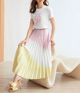 <span class=keywords><strong>Gonna</strong></span> Midi Plissettata Bicolore Rosa Bianco Giallo in Raso a Vita Alta Elegante Casual da Donna per Vacanze - Product Image 4