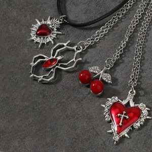 [Gorgeousxx] Ensemble de colliers pendentifs Y2K gothiques avec croix rouge, cœur et cerise pour femme, bijoux de fête - Product Image 4