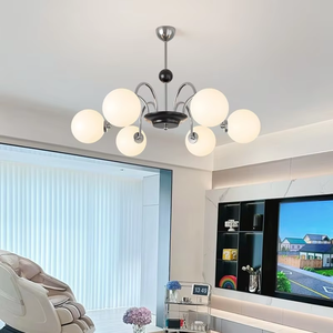 Lustre Classique Rétro Français Crème Style Bohème pour Salon, Suspension Argentée Multi-têtes avec Boules de Verre Blanc Laiteux, Chambre, Hôtel, Culot E27 - Product Image 1