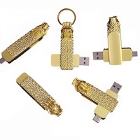 Clé USB rotative en métal, motif Dragon Doré du Zodiaque, 2-en-1 Type-C, grande capacité 4 Go-128 Go, personnalisable avec logo, idéale comme cadeau