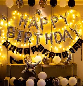 Pafu birthday party supplies sliver and black HAPPY BIRTHDAY foil balloon banner LED lights 21th 30th birthday decorations set