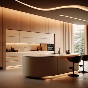 Diseño <span class=keywords><strong>de</strong></span> <span class=keywords><strong>Isla</strong></span> <span class=keywords><strong>de</strong></span> Cocina Semiabierta ME LDK, Muebles Curvos Multifuncionales con Tiradores en J, Resistentes al Agua, Melamina Ecológica - Product Image 1