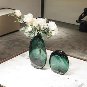 Verde un par de jarrones grandes pequeños hechos a mano altos de doble capa de vidrio acanalado para la decoración del hogar - Product Image 3