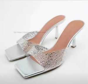 New Summer Slippers Female Transparent Square Head Line High <b>Heels</b> Fashion Large Size Summer Pumps for Women Shoes - Product Image 6