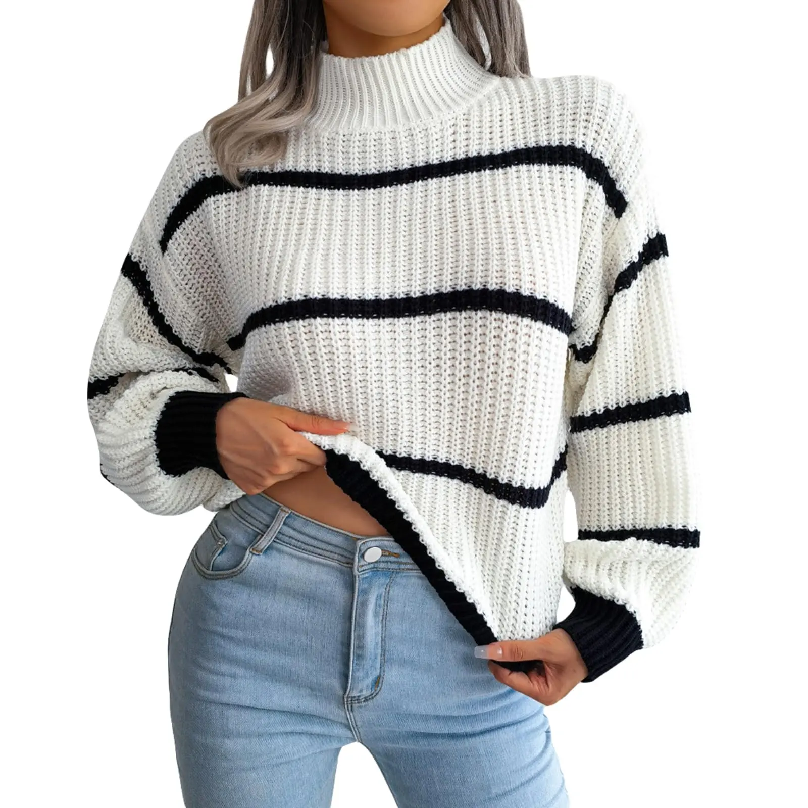 Women's Fall Loose Knit Jumpers Streetwear Casual Turtleneck Long Sleeve Striped Pullover Mock Neck Sweater