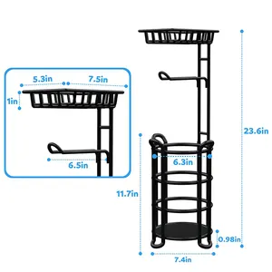 大容量の黒の自立型トイレットペーパーロールディスペンサーホルダー収納、上げられたベーストップ電話棚付き