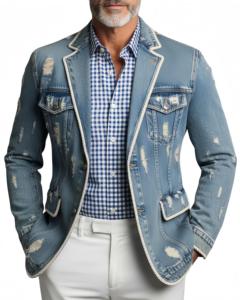 Chaqueta Blazer de Mezclilla Azul Desgastada para <span class=keywords><strong>Hombre</strong></span> con Ribete Blanco, Estilo Casual y Elegante, Corte Entallado, Prenda Exterior Moderna - Product Image 3