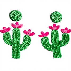 Boucles d'oreilles pendantes en forme de fleur de cactus de qualité supérieure, élégantes, pour femmes, bijoux de fête mignons, design perlé vert et rose, pour mariage - Product Image 1