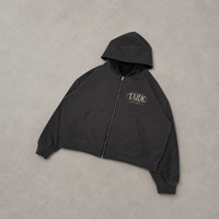 TaiDe Sweat à capuche zippé court noir délavé 400GSM, coupe vintage ample et oversize, fabricant de vêtements OEM ODM sous marque privée