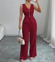 Ensemble tailleur élégant pour femme : gilet sans col à col en V, pantalon large extensible tissé, tenue de bureau formelle OL