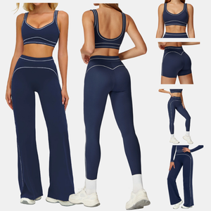 Ensemble quatre pièces pour femmes avec soutien-gorge <span class=keywords><strong>de</strong></span> sport à col en U, short taille haute, leggings et pantalon large avec détails <span class=keywords><strong>de</strong></span> lignes blanches, vêtements <span class=keywords><strong>de</strong></span> sport extensibles et doux - Product Image 2