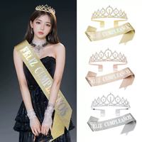 Crownia TLX Crystal Fashion Birthday Queen Sash Tiara Set Rose Gold Rhinestone Women's Decoration Kit Headband Glitter 158*9.5cm