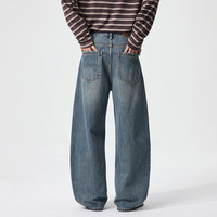 Pantalon en jean coupe droite délavé style rétro américain tendance grande taille pour homme, motif éclair, jambe large et ample