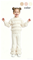 Ensemble en tricot de laine d'agneau pour enfant, style princesse, pull à manches longues avec décorations de perles et pantalon évasé avec bordure en fourrure, couleur park