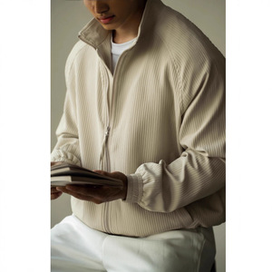 Men's Bubble Stripe Stand Collar Jacket Apricot White Loose Fit Zipper Sports <b>Cardigan</b> Youth Casual <b>Spring</b> Autumn - Product Image 2