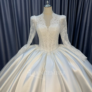 Lscm117 Elegant Ivory <b>Sheer</b> Lace <b>Long</b> <b>Sleeve</b> Beaded Corset Minimalist Satin Ball Gown Wedding Dress Train Jancember - Product Image 5