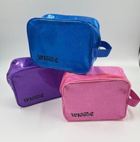 Pochette cosmétique personnalisée avec logo, violette, bleue, transparente, avec poignée, paillettes, PVC, fermeture éclair, sac à maquillage