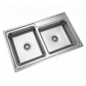 Évier de cuisine double carré en acier inoxydable brossé, sur mesure pour la maison - Product Image 4