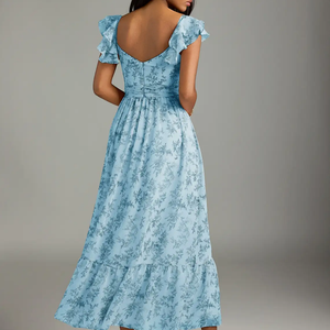 เดรสยาวพิมพ์ลายดิจิทัลสีฟ้าอ่อนลายดอกไม้ ผ้าชีฟอง คอเหลี่ยม แขนระบาย ชายผ่าสูง สำหรับผู้หญิง ขายส่งแบบสั่งทำได้ - Product Image 2