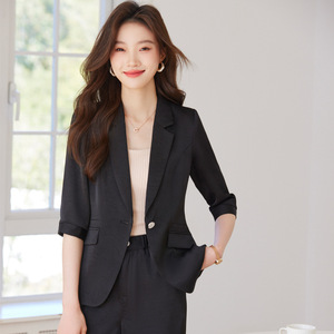 Women's Mid Sleeve Suit Set Summer Thin Style Formal Workwear Breathable Satin Blazer Pants Two Piece Set - Product Image 3