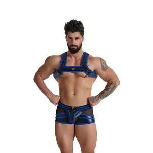 Men's PU Leather Chest Body Harness Mesh Boxer Shorts With Bulge Pouch Sexy Blue Costumes For Gay Man