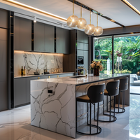 Mueble de Cocina Moderno Multifuncional de Madera y Melamina, Montado en la Pared, con Isla y Luces LED