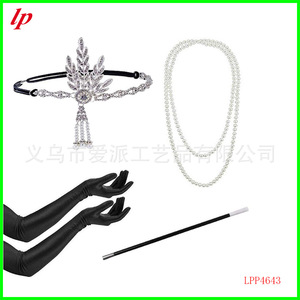 LPP4643 Flapper Girl Costume Set Black Long Gloves Pearl Necklace <b>Headband</b> Cigarette Holder Party Props - Product Image 3